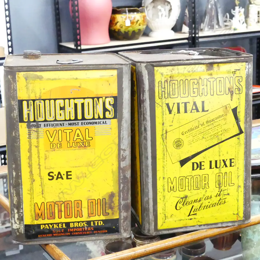 2 VINTAGE 'HOUGHTONS VITAL DE LUXE' MOTOR OIL CANS H.360mm Image 1++