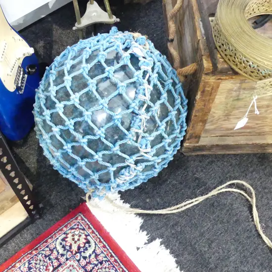 OLD GLASS FISHING FLOAT w. NETTING APPROX DIA.350mm hand blown