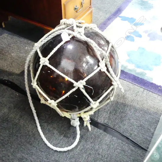 OLD GLASS FISHING FLOAT w. NETTING APPROX DIA.350mm hand blown