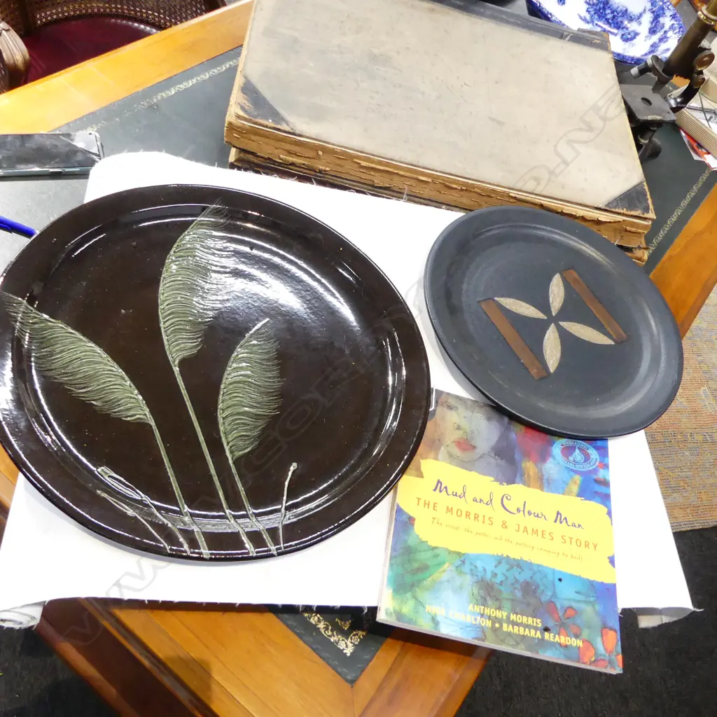 2 RED MORRIS & JAMES PLATES 380, 475mm dia + BOOK Image 1++