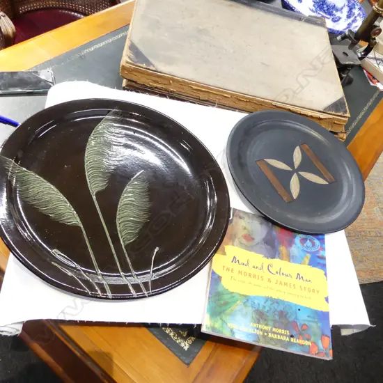 2 RED MORRIS & JAMES PLATES 380, 475mm dia + BOOK