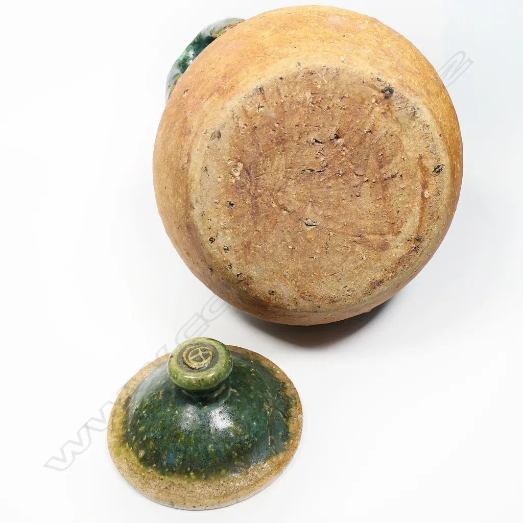 Andrew Van der Putten lidded storage vessel green glaze to the lid and top half of the body. pair of lug handles. Lid repaired, Image 1++
