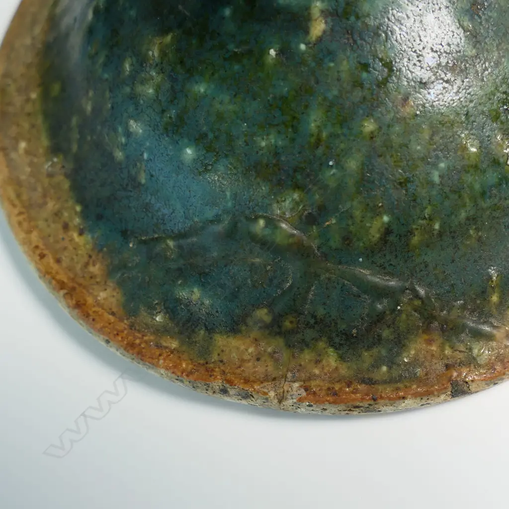 Andrew Van der Putten lidded storage vessel green glaze to the lid and top half of the body. pair of lug handles. Lid repaired, Image 1++