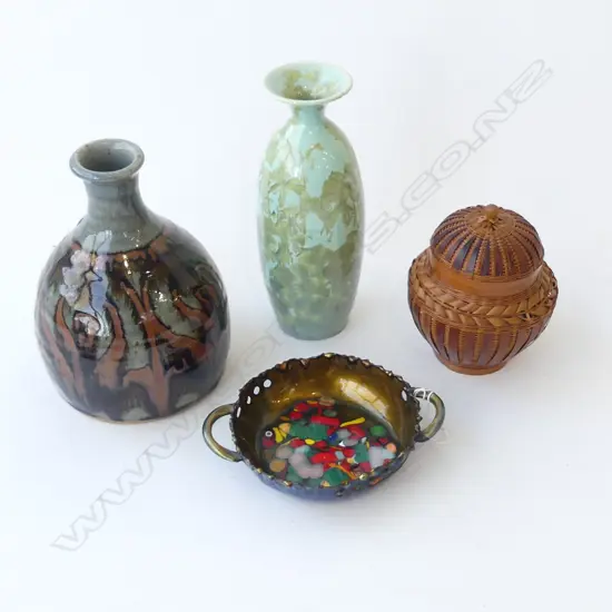 2 POTTERY VASES (1 CHIPPED) H.195mm, WOVEN CONTAINER, ITALIAN LAURANA ART GLASS DISH 115mm dia