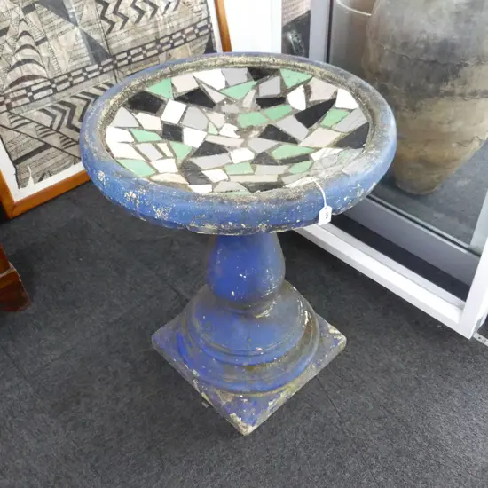 VINTAGE CONCRETE MOSAIC BIRD BATH D 620 MM H 770 MM