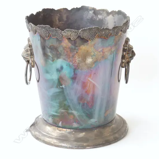 SILVER PLATE CHAMPAGNE BUCKET w. LION CAPTURED HANDLES H.230mm
