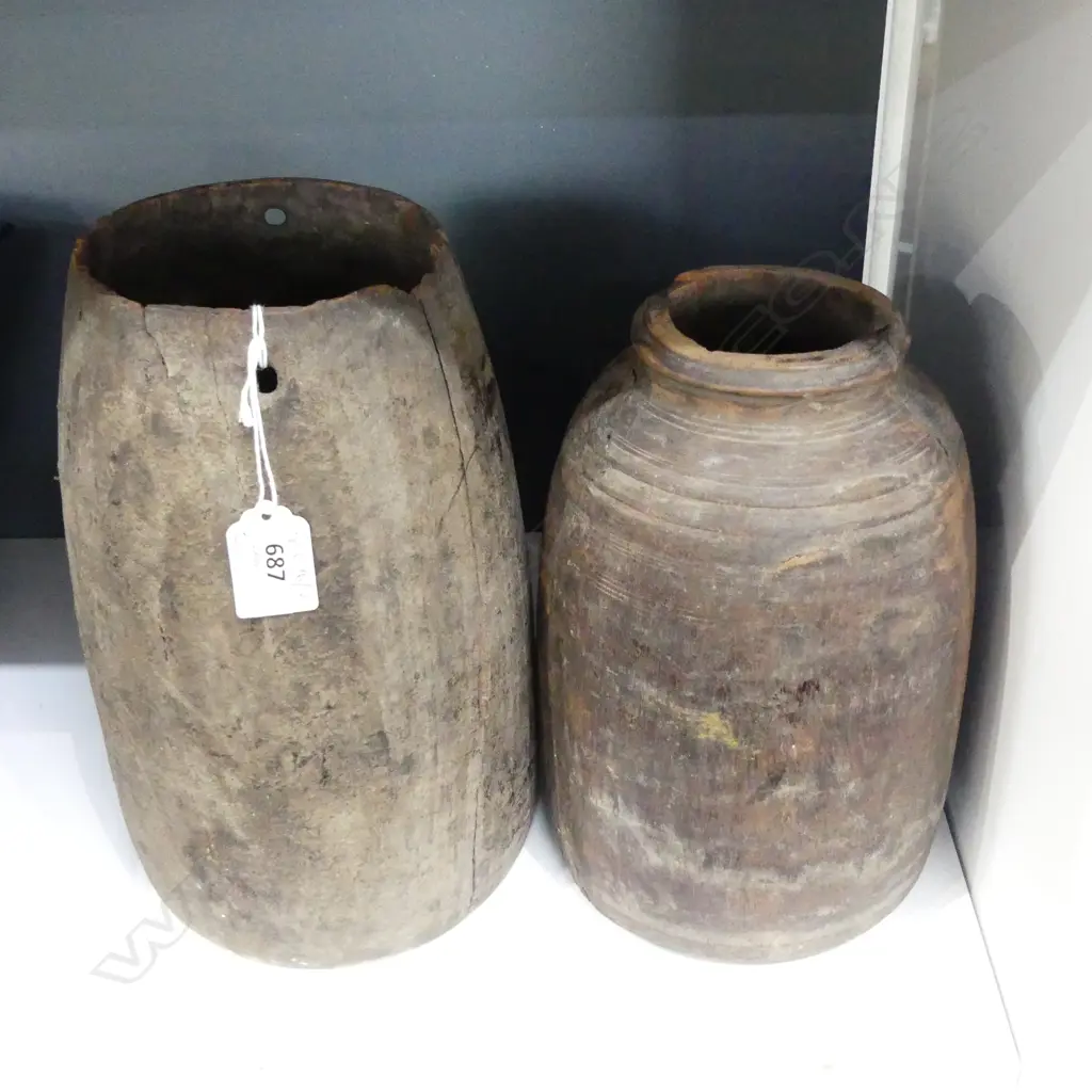 2 ANTIQUE WOODEN CONTAINERS; NEPALESE HIMACHAL WATER POTS H.255mm Image 1++
