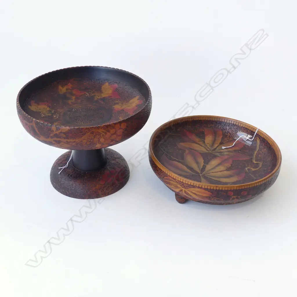 NZ FOLKART POKERWORK COMPORT H. 160mm & BOWL (SIGNED ERNEST W L GILBERT AUCKLAND) Dia 200mm Image 1++