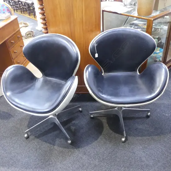 PR SWAN STYLE CHAIRS; COWHIDE & BLACK LEATHER