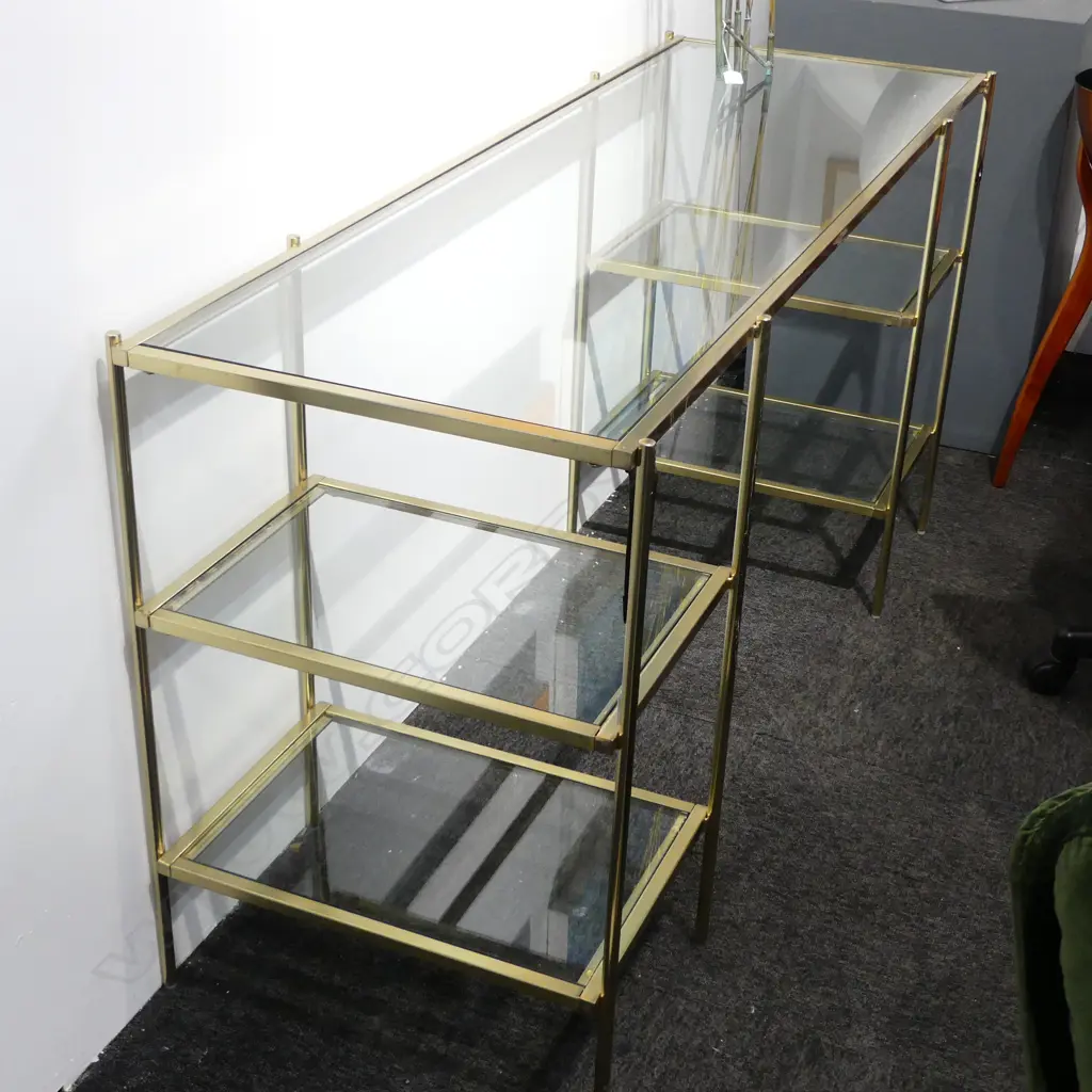 CONTEMPORARY GLASS & GOLD METAL DESK, DISSEMBLES 1400x500x740mm... Image 1++