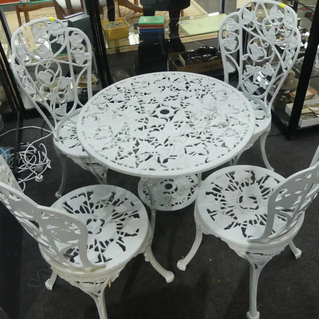 5 PCE WHITE METAL PATIO SET; TABLE 665mm dia & 4 CHAIRS BY UNDERWOOD OF INGLEWOOD Image 1++