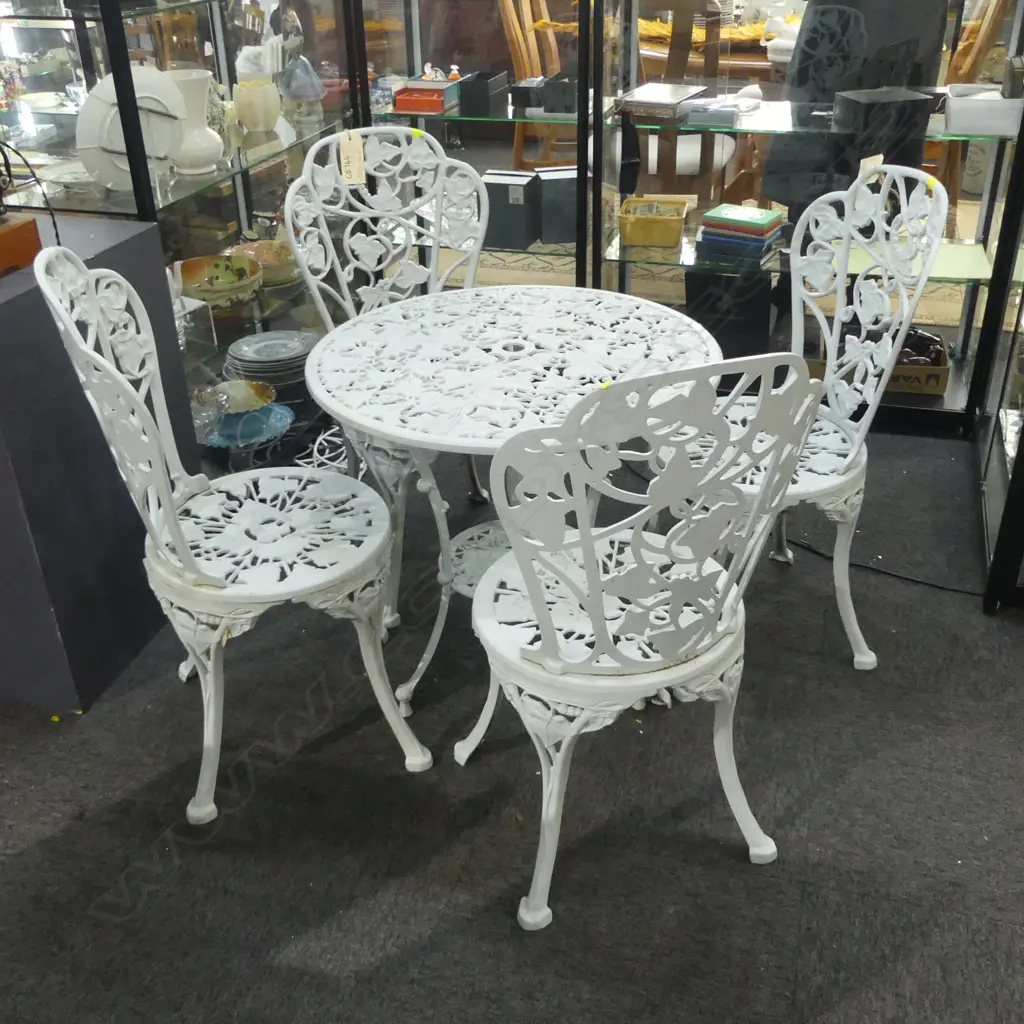 5 PCE WHITE METAL PATIO SET; TABLE 665mm dia & 4 CHAIRS BY UNDERWOOD OF INGLEWOOD Image 1++