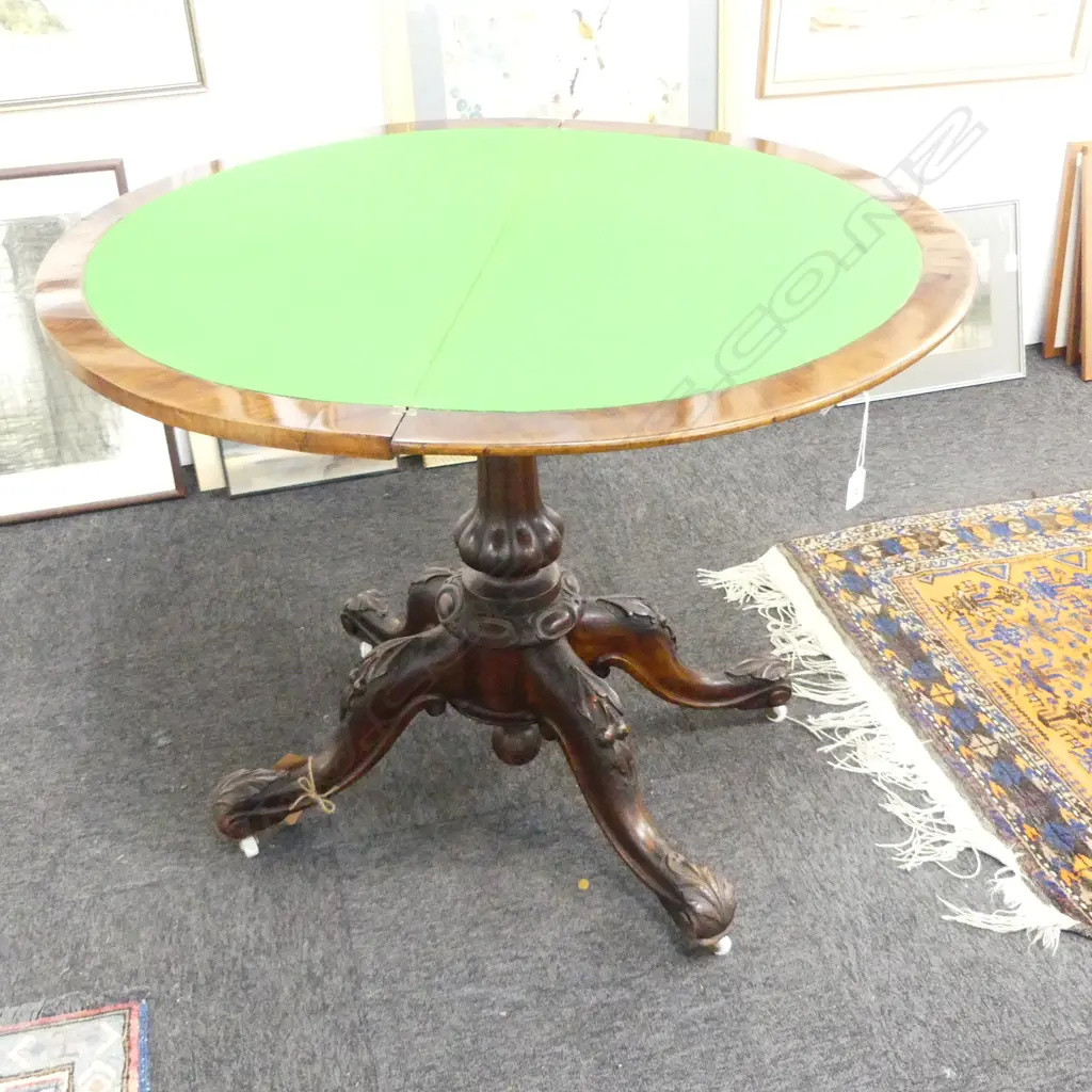 VICTORIAN fold-over top PEDESTAL CARD TABLE 850mm dia H.745mm. Photo showing top open Image 1++