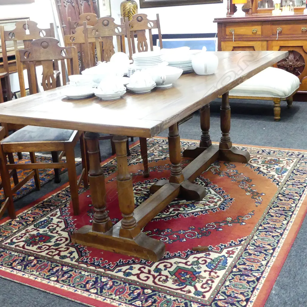 PLANK TOP DINING TABLE, CLENCHED ENDS, STRETCHER BASE Image 1++