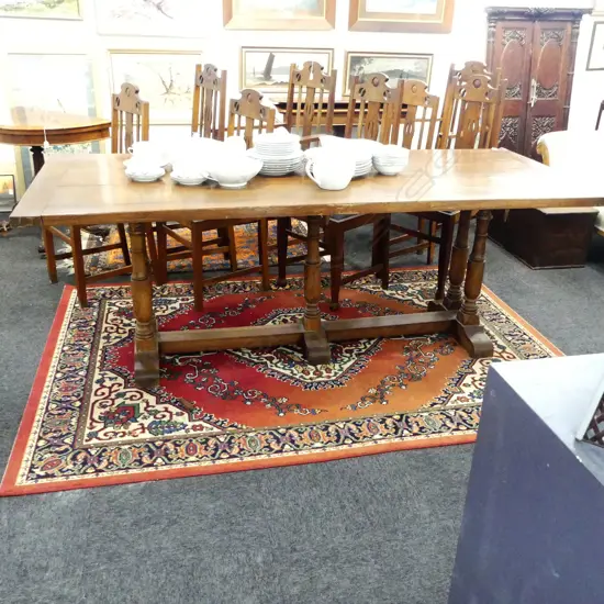 PLANK TOP DINING TABLE, CLENCHED ENDS, STRETCHER BASE