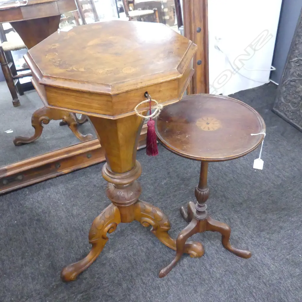 VICTORIAN MAHOGANY SEWING TABLE H.710mm + TRIPOD TABLE H.520mm Image 1++
