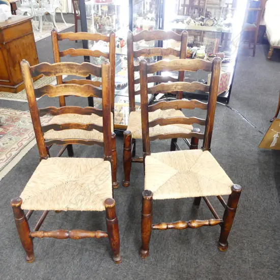 4 ANTIQUE LADDER BACK CHAIRS, RUSH SEATS