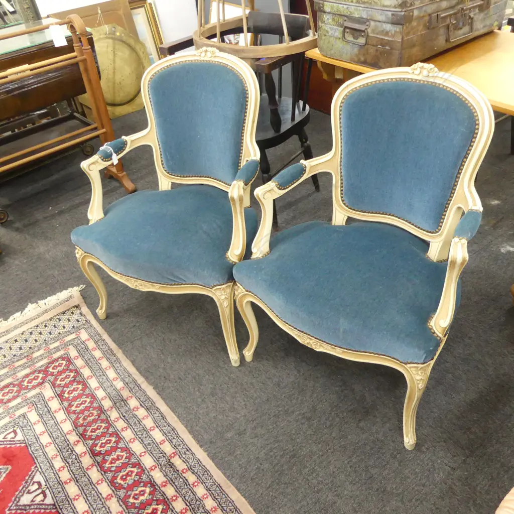 PR FRENCH STYLE ARMCHAIRS; BLUE VELVET UPHOLSTERY Image 1++