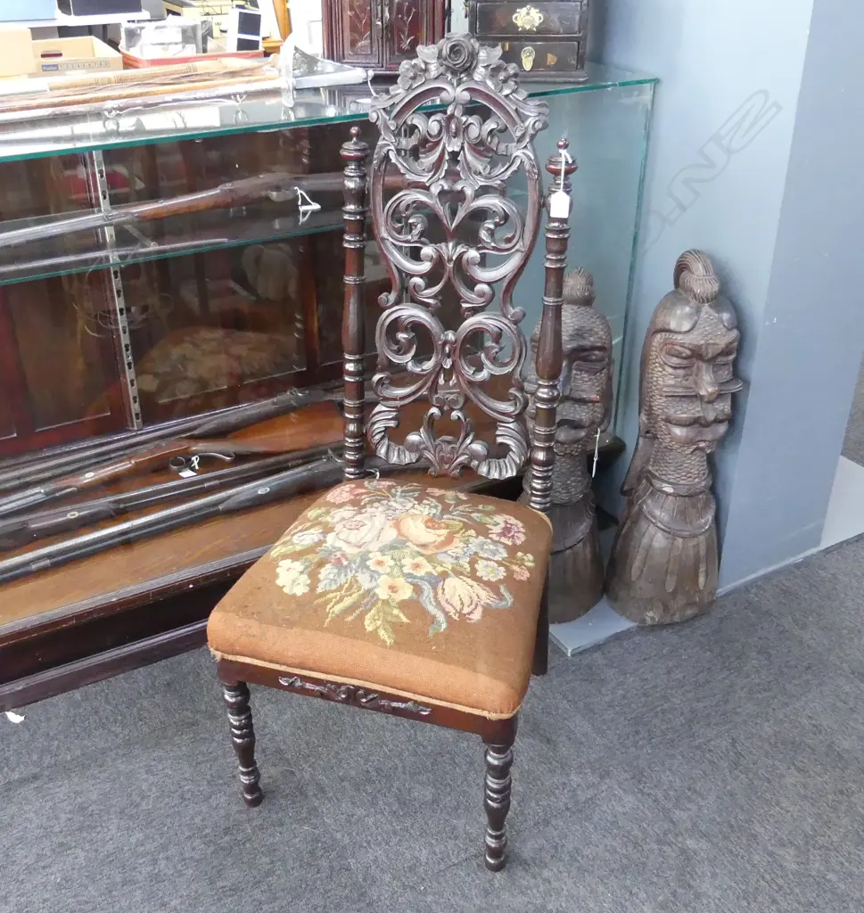 VICTORIAN CHAIR; CARVED BACK, NEEDLEWORK SEAT Image 1++