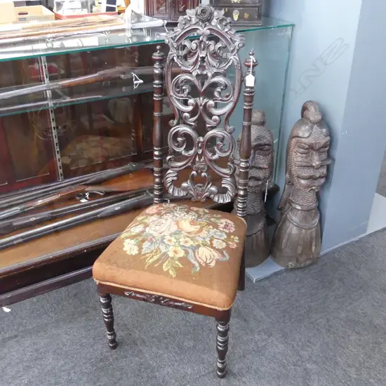 VICTORIAN CHAIR; CARVED BACK, NEEDLEWORK SEAT