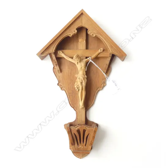 WALL HUNG CARVED WOODEN CRUCIFIX w. RECEPTICLE. H.340mm