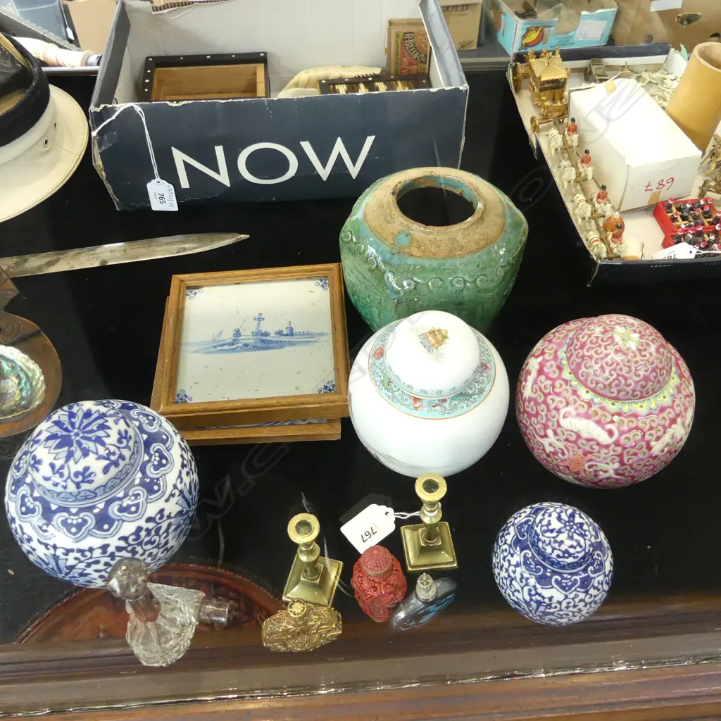 5 GINGER JARS, SMALL BOTTLES, 2 DELFT TILES ETC Image 1++