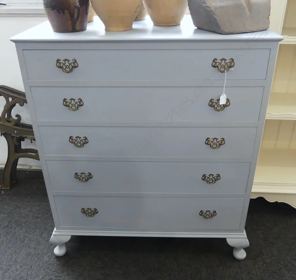 BLUE PAINTED QUEEN ANNE STYLE 5 DRAWER TALLBOY CHEST 880x480x1000mm Image 1++