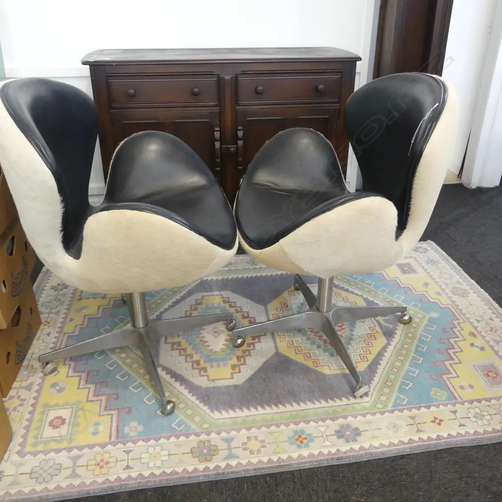 PR SWAN STYLE CHAIRS; COWHIDE & BLACK LEATHER Image 1++