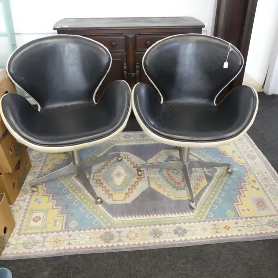 PR SWAN STYLE CHAIRS; COWHIDE & BLACK LEATHER