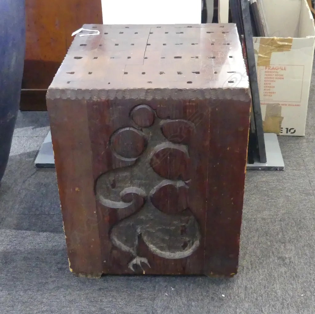 OLD CARVED BLOCK FORM COFFEE TABLE carved with Maori cave drawing + runic letters etc 450 x 450 x 590mm Image 1++