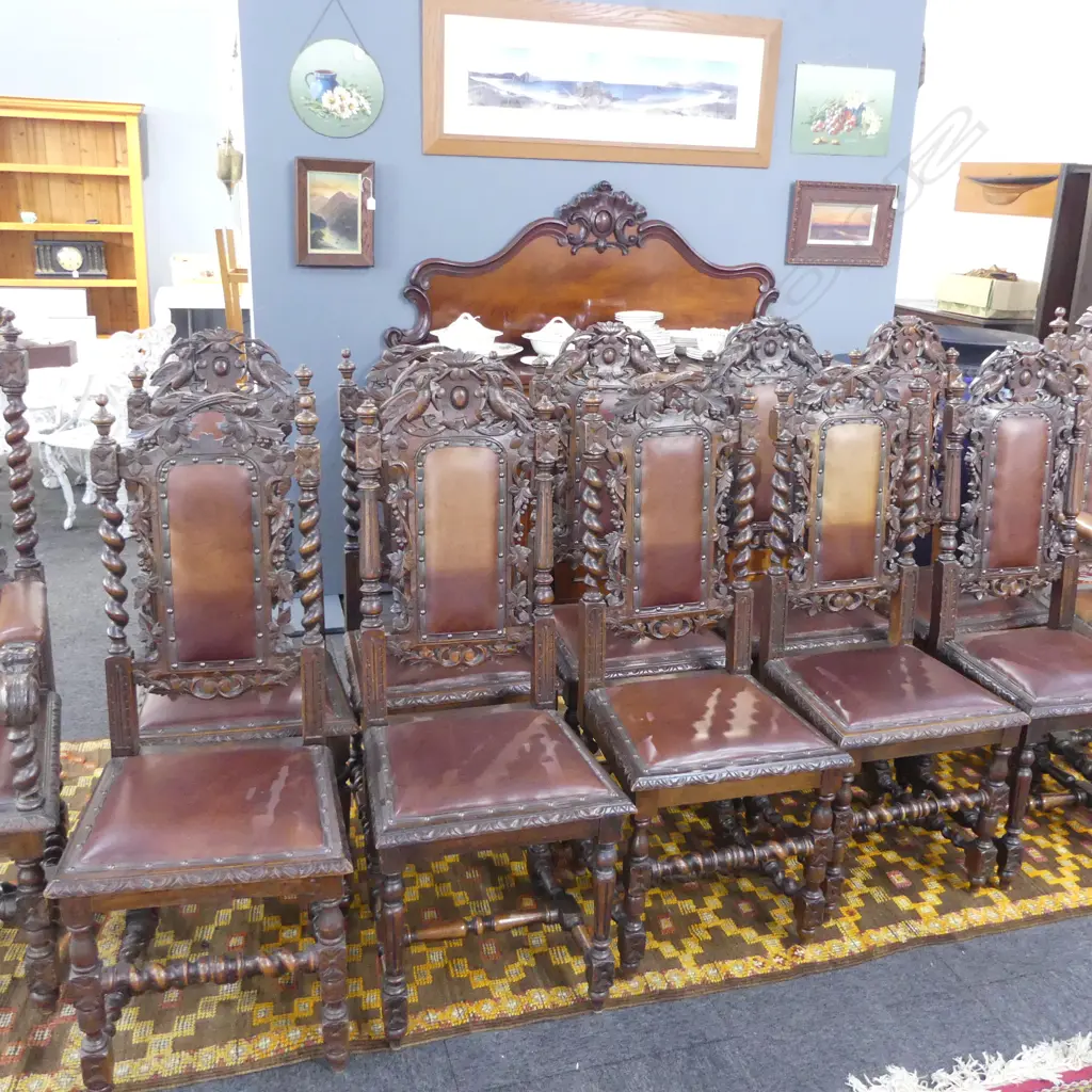 12 ANTIQUE JACOBEAN STYLE DINING CHAIRS (2 LARGER CARVERS) Image 1++