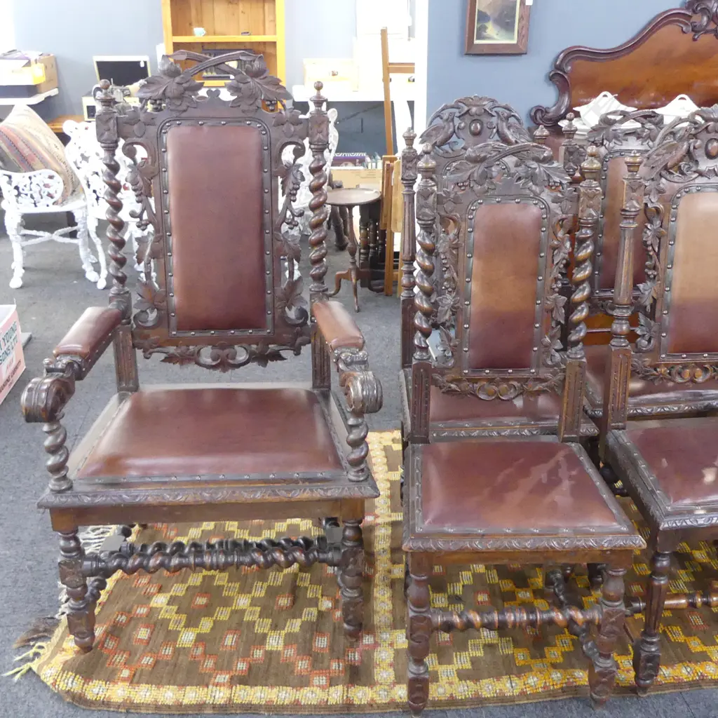12 ANTIQUE JACOBEAN STYLE DINING CHAIRS (2 LARGER CARVERS) Image 1++