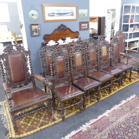 12 ANTIQUE JACOBEAN STYLE DINING CHAIRS (2 LARGER CARVERS)