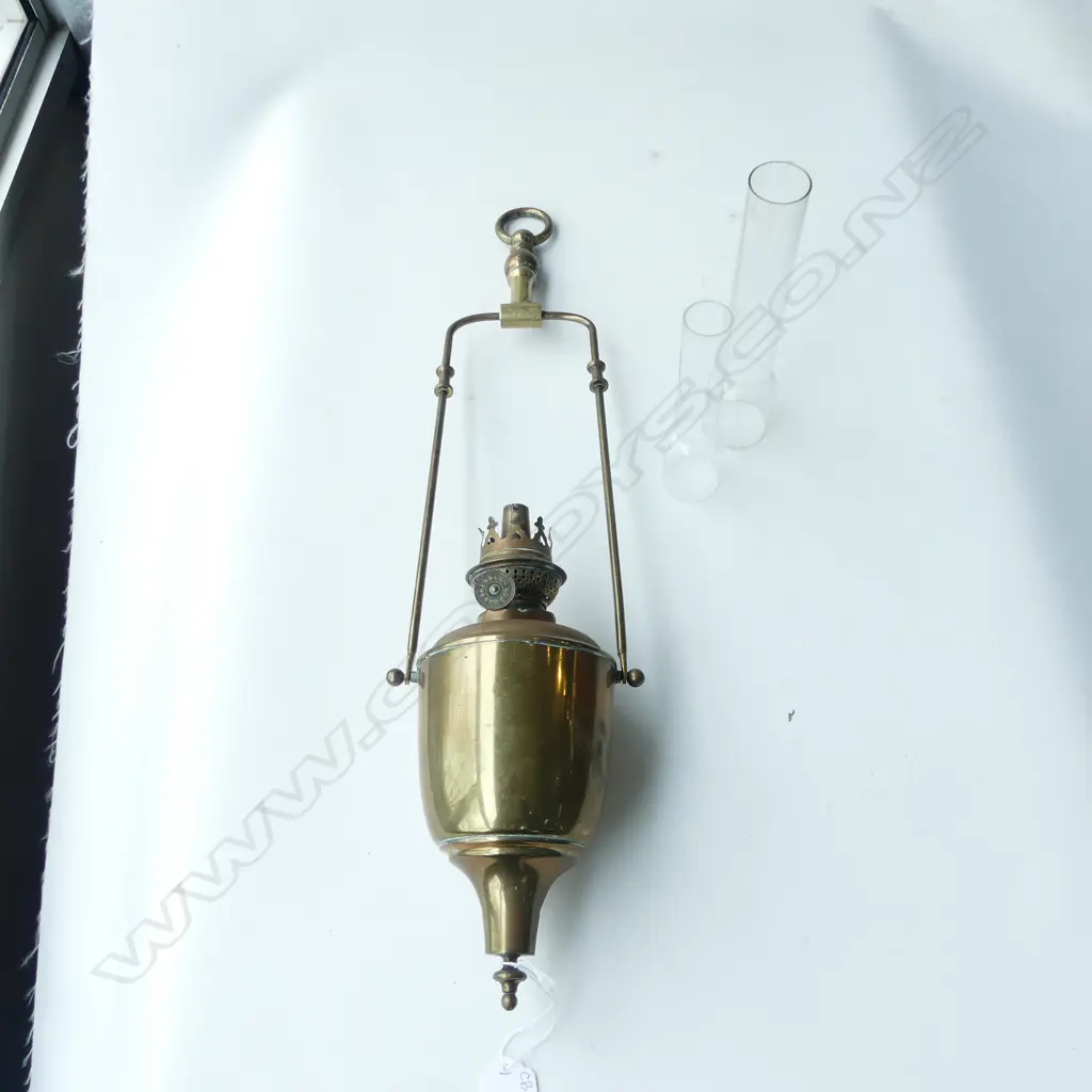 ANTIQUE BRASS SUSPENDED GAS LAMP / SHIPS LANTERN H.530mm + 2 FLUES Image 1++
