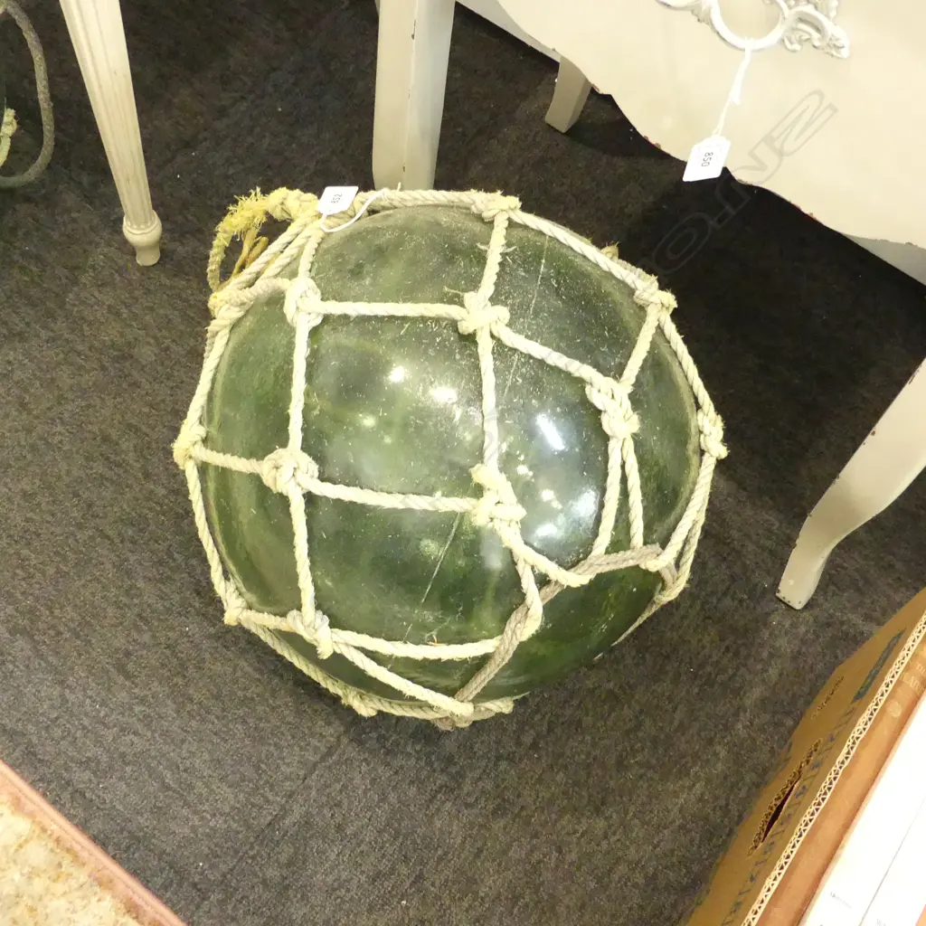 OLD GLASS FISHING FLOAT w. NETTING APPROX DIA.350mm hand blown Image 1++