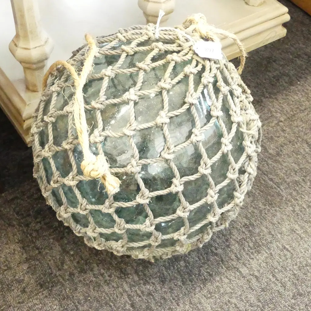 OLD GLASS FISHING FLOAT w. NETTING APPROX DIA.300mm hand blown Image 1++
