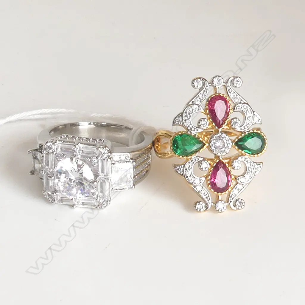 2 LRG SIZE COSTUME RINGS, 1 DECO STYLE w PINK & GREEN COLOURED STONES, 1 SILVER METAL w LRG CRYSTAL Image 1++