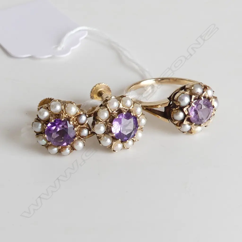9ct AMETHYST & SEED PEARL RING & EARRINGS SET 8.2 GRAMS Image 1++