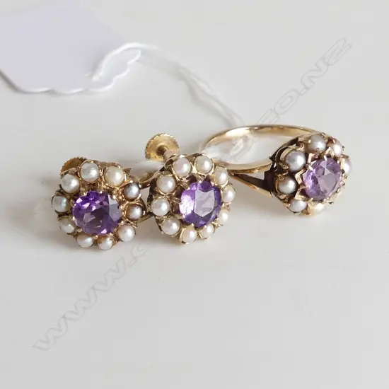 9ct AMETHYST & SEED PEARL RING & EARRINGS SET 8.2 GRAMS
