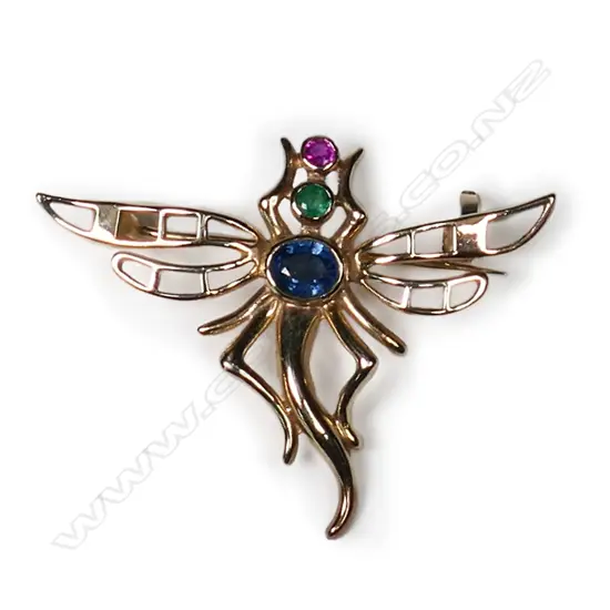 A 9ct yellow gold semi-precious stone set dragonfly brooch,