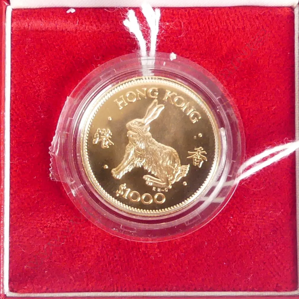 QE II Hong Kong 1987 Gold Proof $1000 coin Lunar Year of The Rabbit. 22ct 15.97gm. Image 1++
