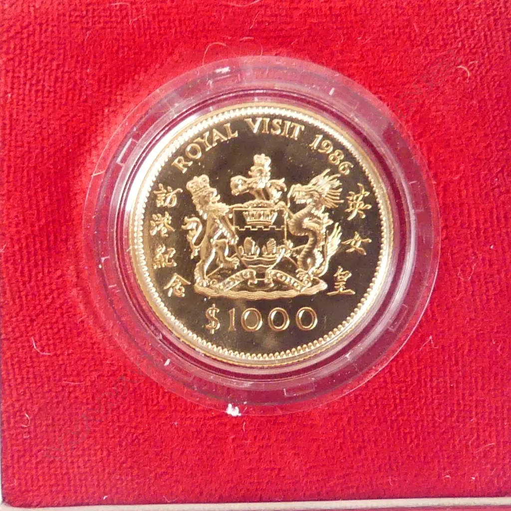 Royal Visit 1986 $1000 Hong Kong 22ct GOLD PROOF COIN 15.97gm. Cased Image 1++