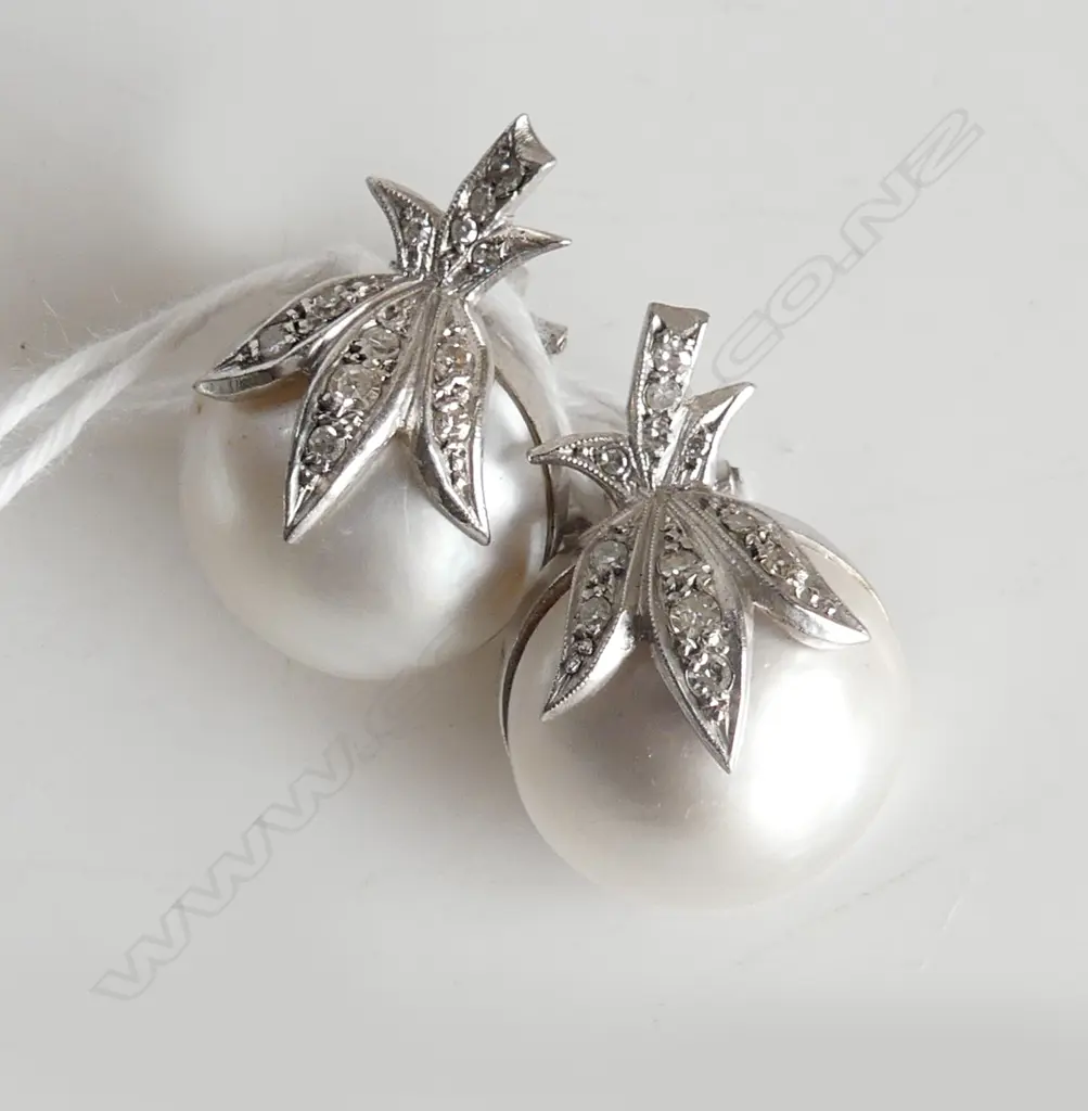 10ct GOLD, MABE PEARL & DIAMOND CLIP-ON EARRINGS, (tested by walker & hall as 10ct), 13.5GM Image 1++