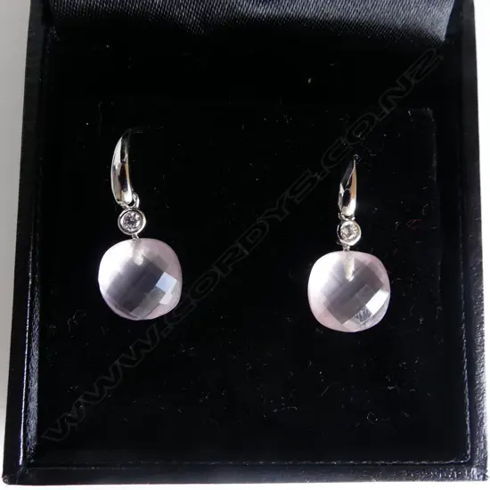 ROSE QUARTZ DROP EARRINGS SILVER/CZ STONES