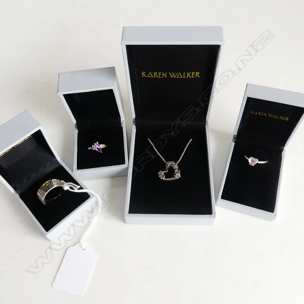 KAREN WALKER SILVER JEWELLERY INCLUDES PENDANT ON CHAIN + THREE RINGS Image 1++