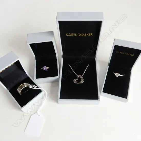 KAREN WALKER SILVER JEWELLERY INCLUDES PENDANT ON CHAIN + THREE RINGS