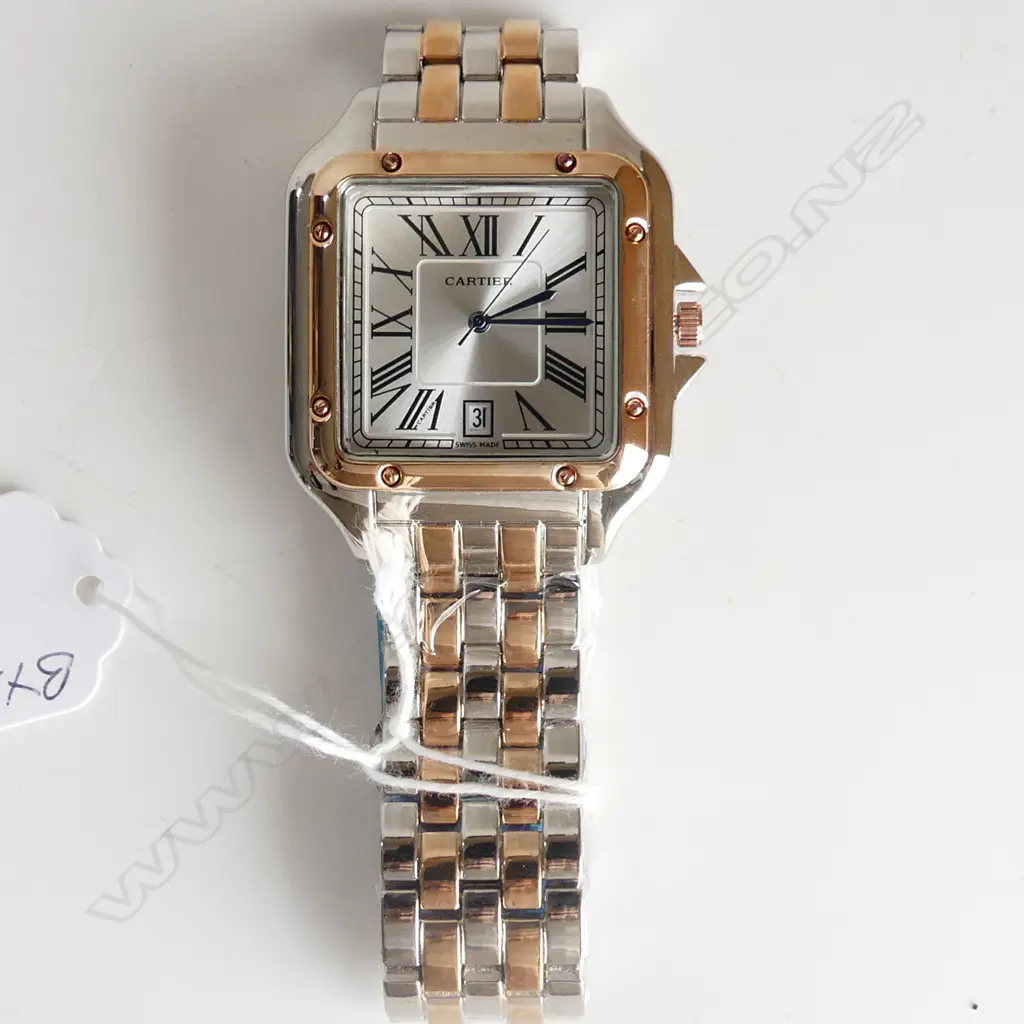 REPLICA MENS CARTIER TANK WATCH, SILVER & ROSE FINISH Image 1++