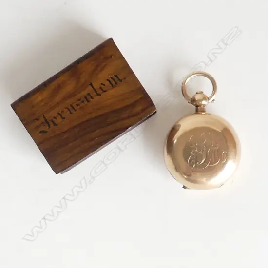 PLATED GOLD SOVEREIGN CASE WITH JERUSALEM SOUVENIR WOODEN MATCHBOX