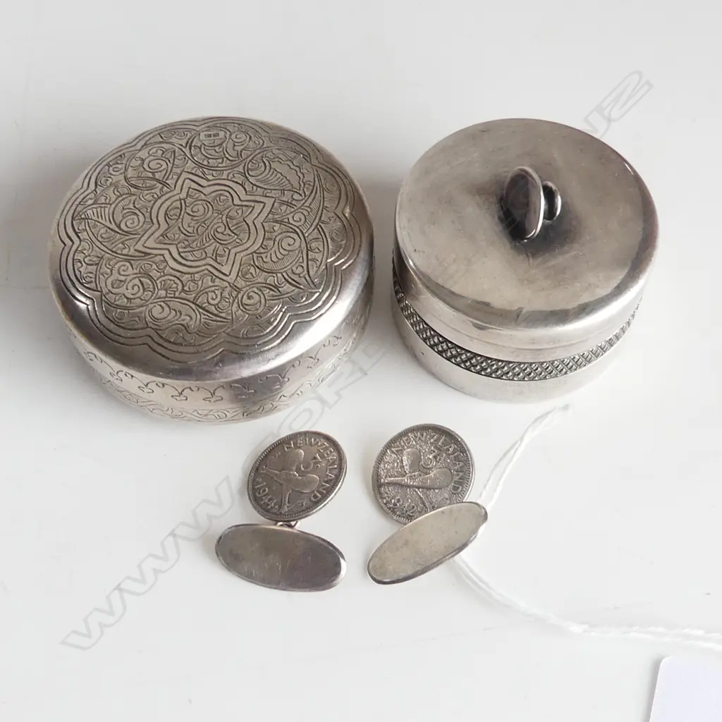 EGYPTIAN 900 SILVER LIDDED CONTAINER 50mm dia, CUFFLINK BOX & PR STG 3d CUFFLINKS Image 1++