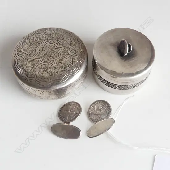 EGYPTIAN 900 SILVER LIDDED CONTAINER 50mm dia, CUFFLINK BOX & PR STG 3d CUFFLINKS